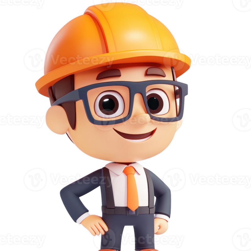 A cheerful cartoon construction worker with safety gear and glasses, ready to work. png