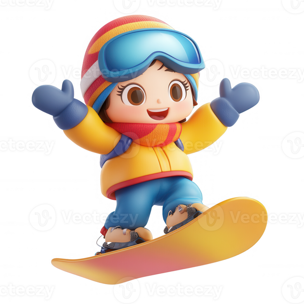 A cheerful child snowboarding in a colorful winter outfit, showcasing a fun winter sport. png