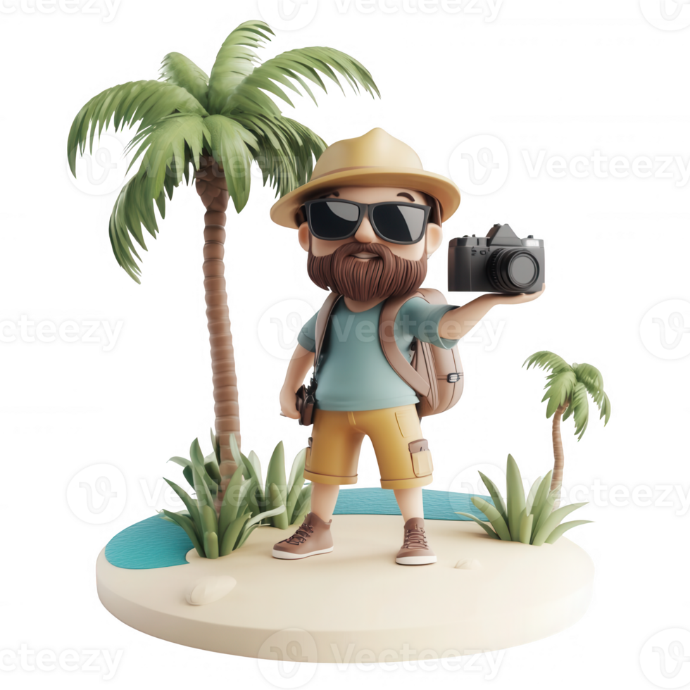 A cartoon traveler capturing memories on a tropical beach with palm trees. png