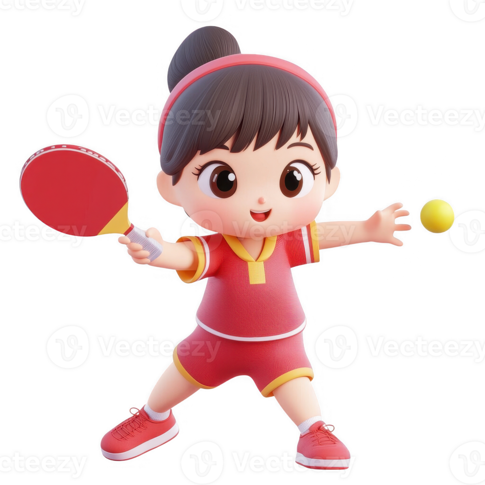 A cheerful cartoon girl playing table tennis with excitement and energy. png