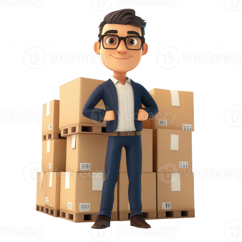 A confident man stands proudly among stacked cardboard boxes, representing logistics. png