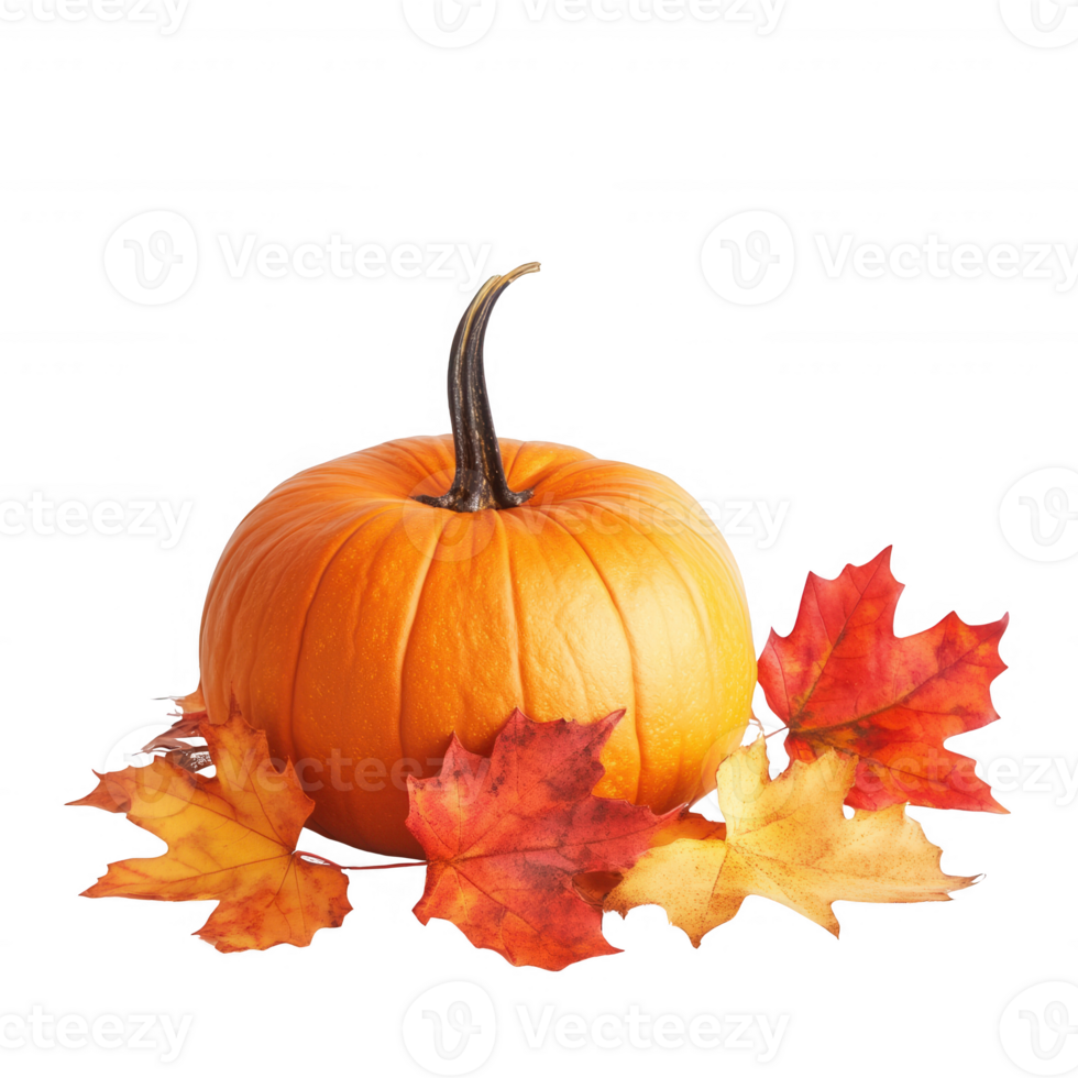A vibrant pumpkin surrounded by colorful autumn leaves, perfect for seasonal decor. png