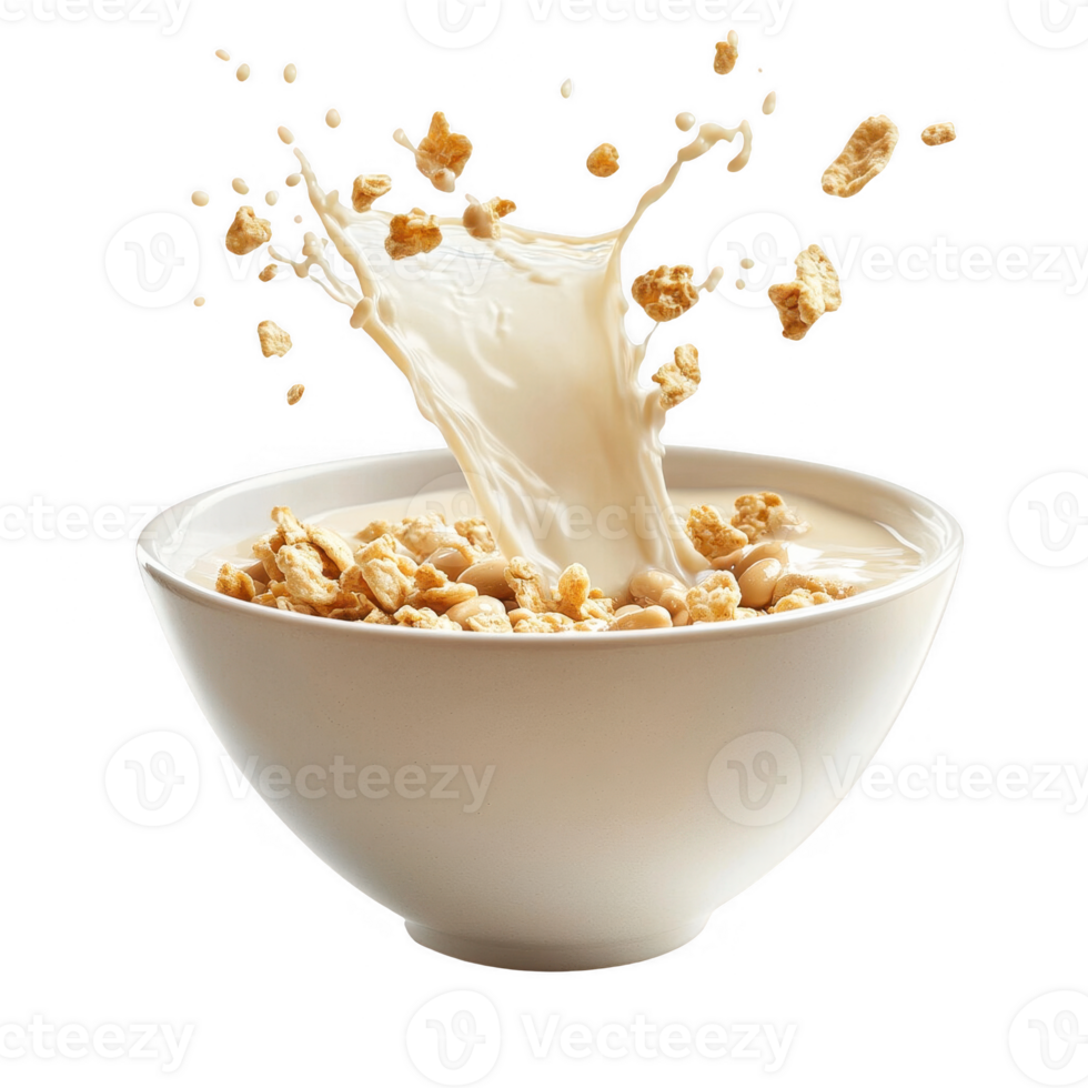 A bowl of cereal splashing milk, creating a dynamic and appetizing scene. png