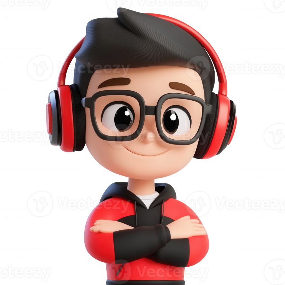 A cheerful cartoon boy with headphones, perfect for gaming and technology themes. png