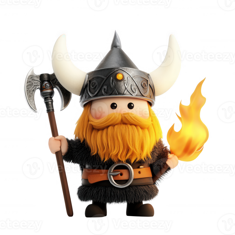 A whimsical Viking character holding an axe and a flame, embodying adventure spirit. png