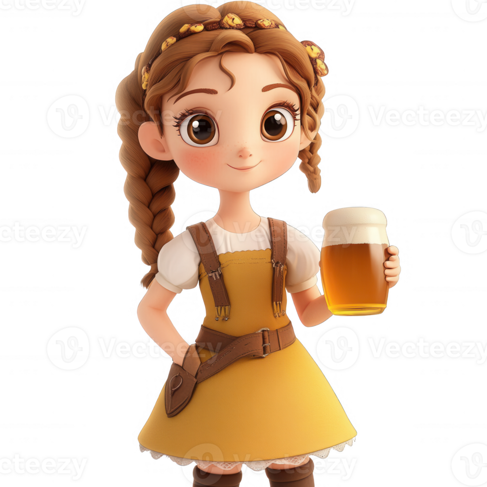 Cheerful animated girl holding a beer in a vibrant yellow dress. png