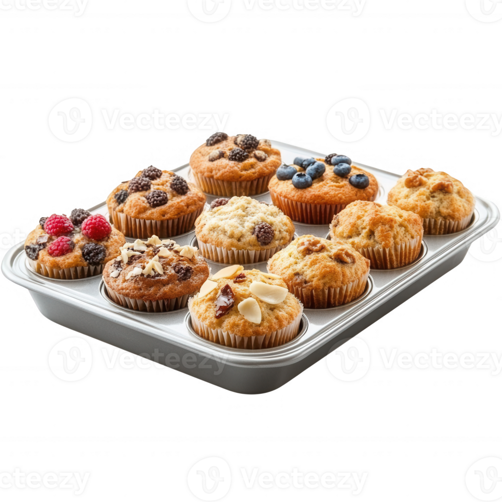 A delightful assortment of freshly baked muffins on a tray, showcasing various flavors. png