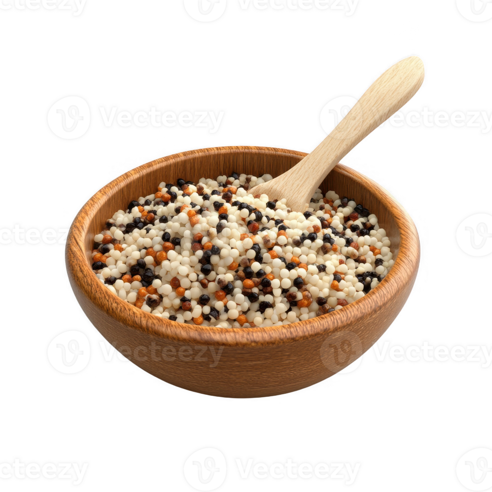 A wooden bowl filled with colorful grains and a spoon, perfect for healthy meals. png