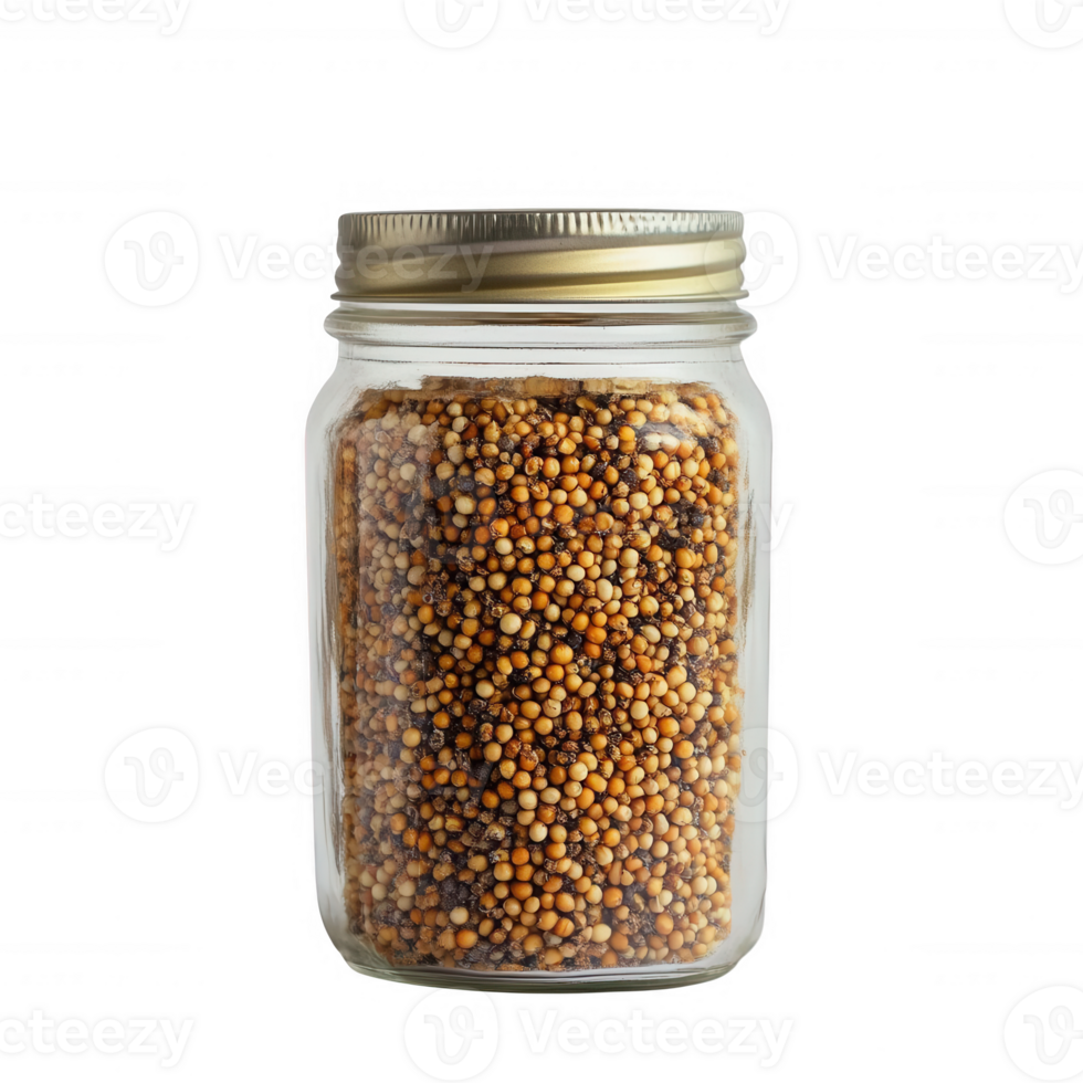 A jar filled with colorful mustard seeds, perfect for culinary uses and recipes. png