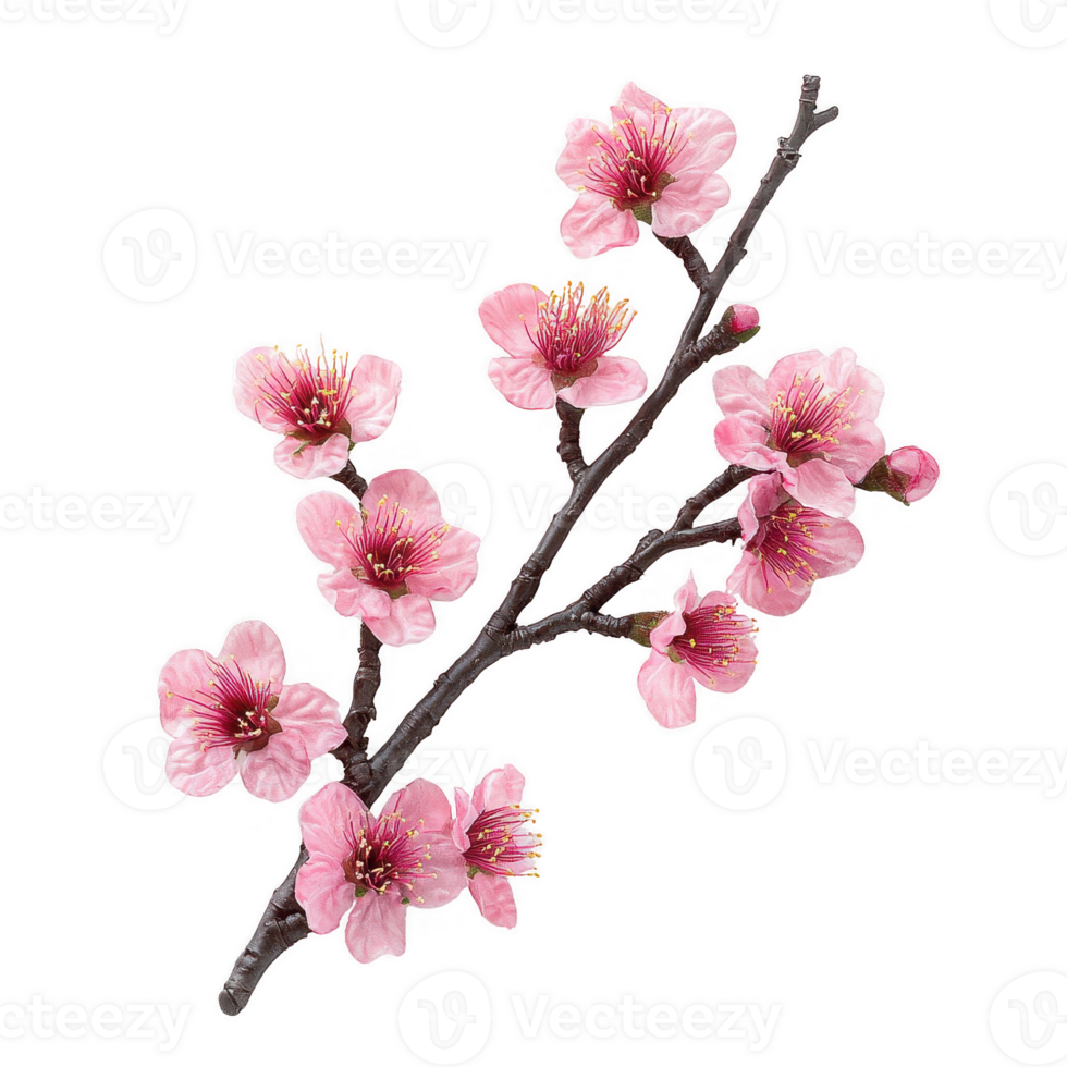 Beautiful cherry blossom branch with delicate pink flowers against a white background. png