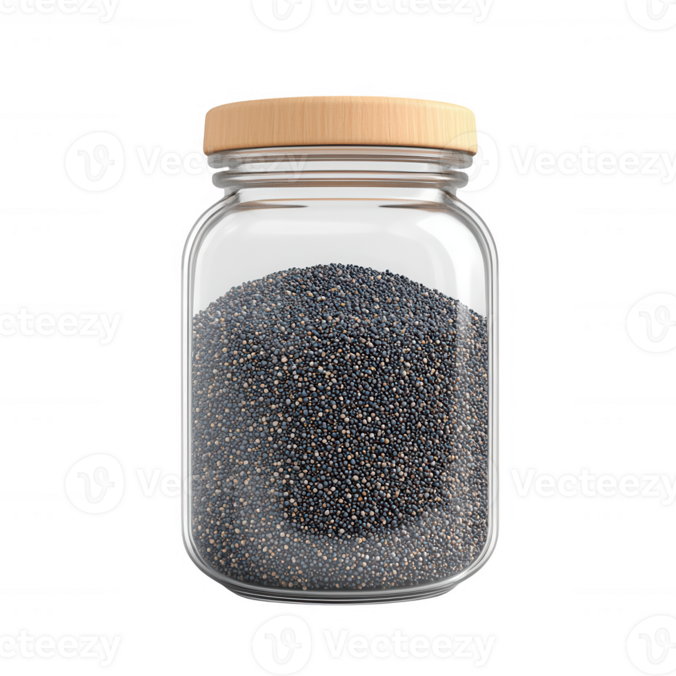 Clear glass jar filled with black seeds, showcasing natural ingredients for cooking. png