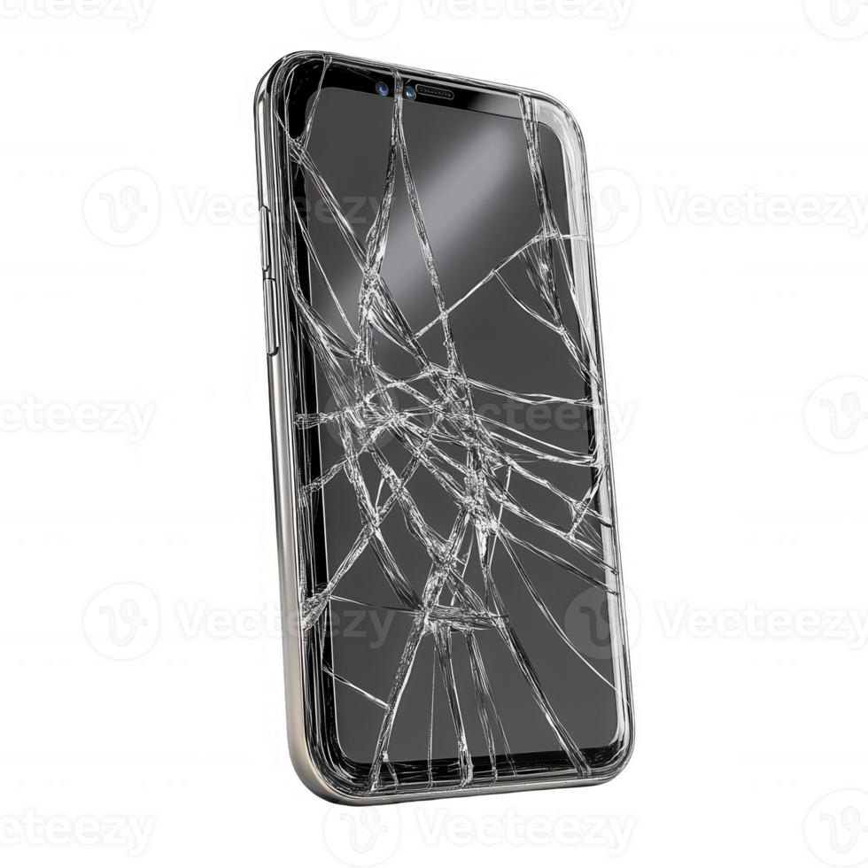 A close-up image of a broken smartphone with a cracked screen. png