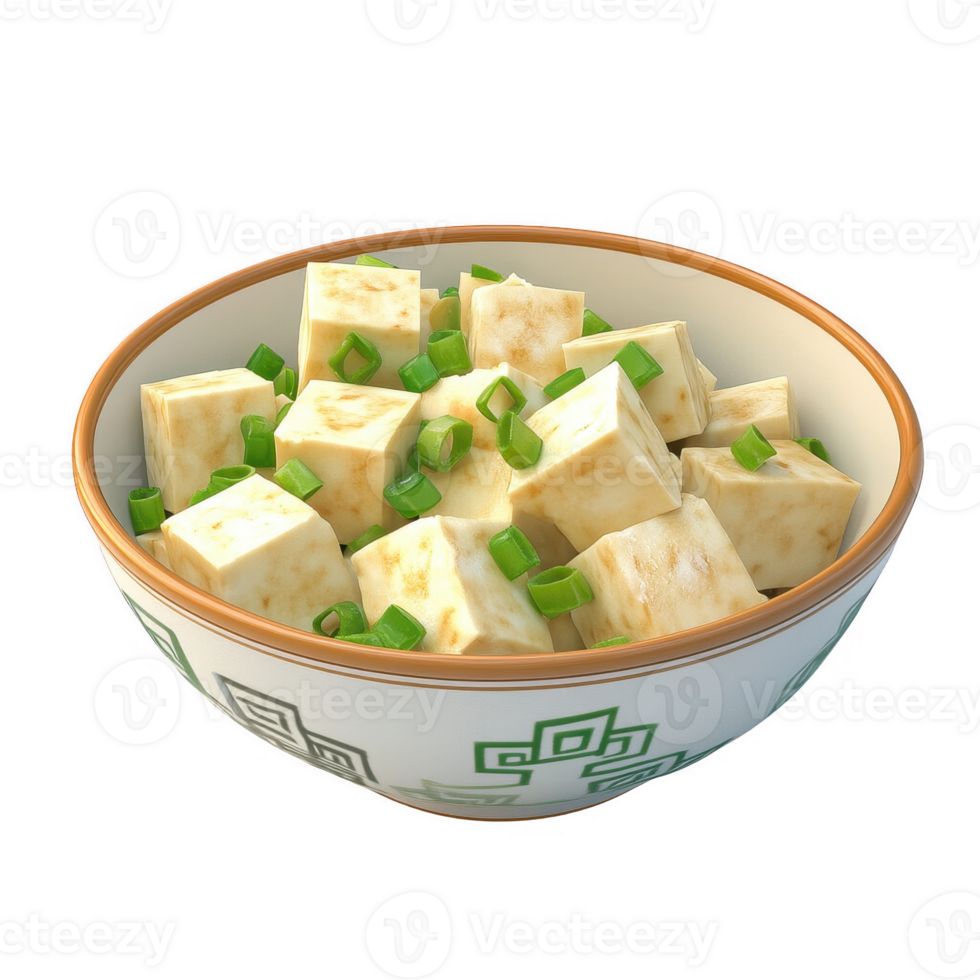 A bowl of delicious tofu garnished with fresh green onions. png