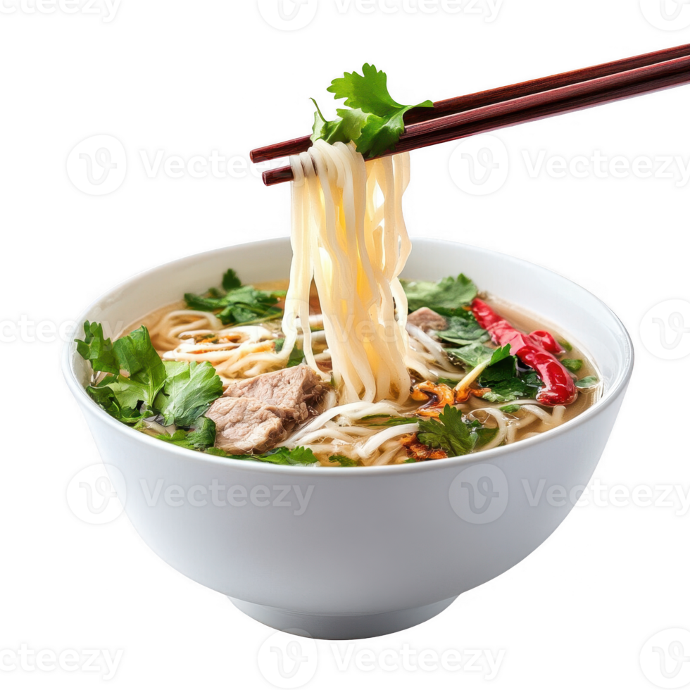 A delicious bowl of noodle soup with fresh herbs and meat, served with chopsticks. png