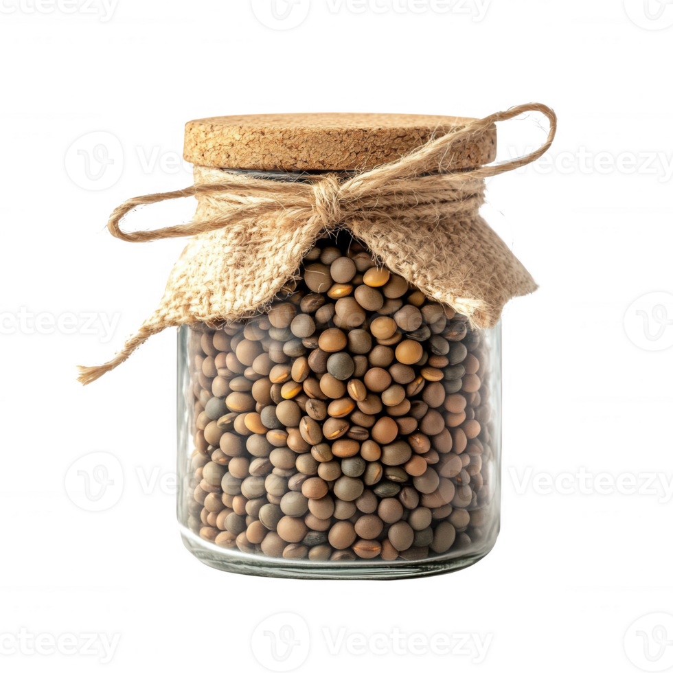 A jar of lentils stored with a rustic charm, perfect for healthy meal preparations. png