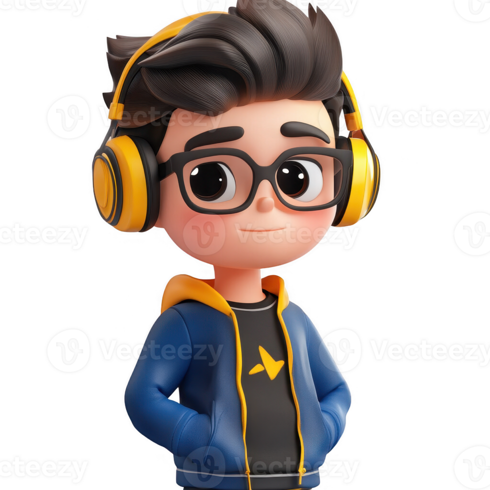 A cheerful young boy with headphones enjoying a fun moment in a playful setting. png