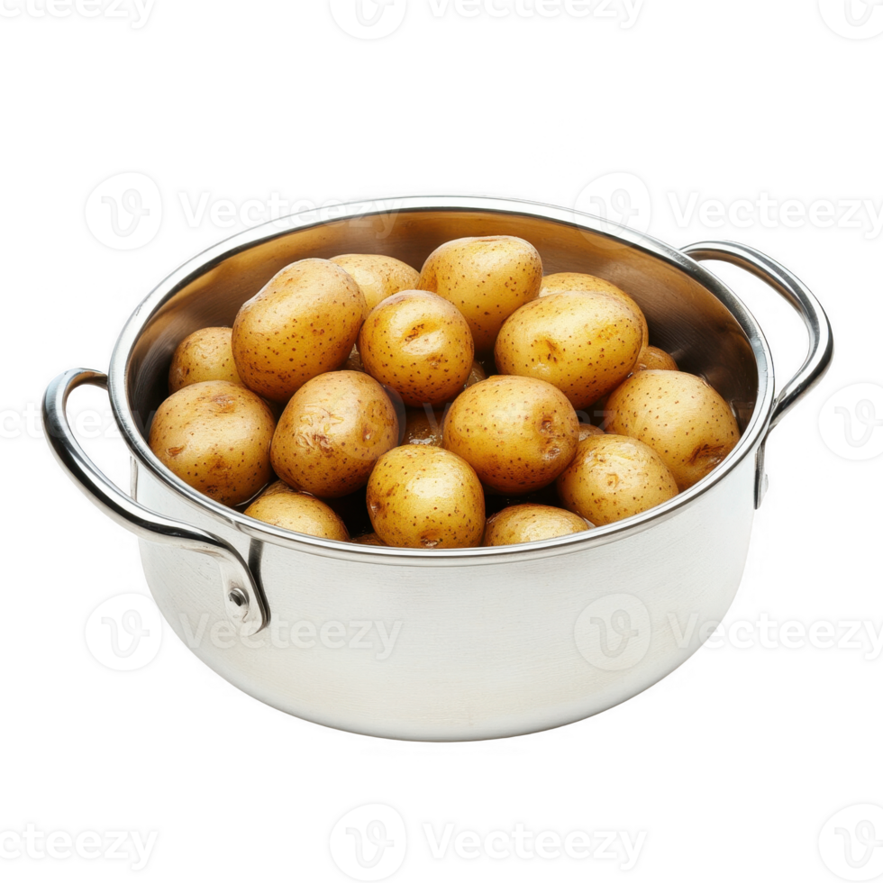 A stainless steel pot filled with fresh, wholesome potatoes ready for cooking. png