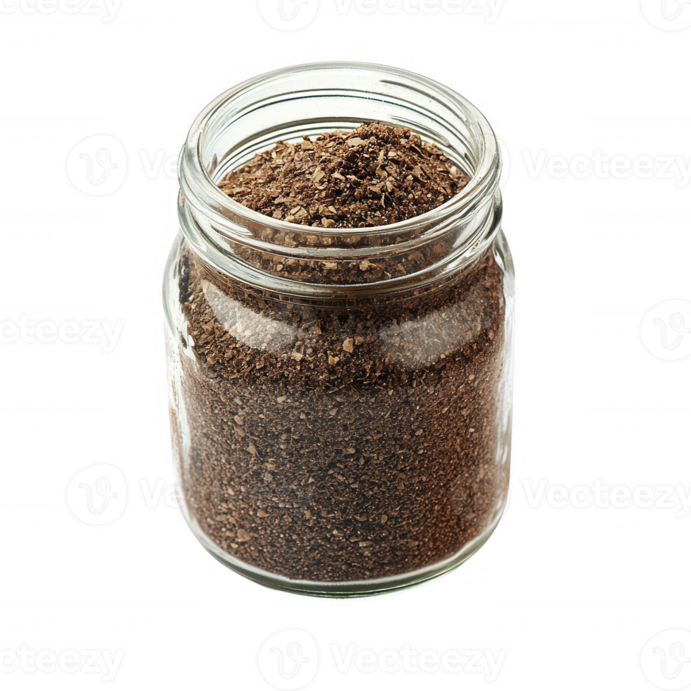 A jar filled with finely ground coffee, perfect for brewing delicious coffee. png