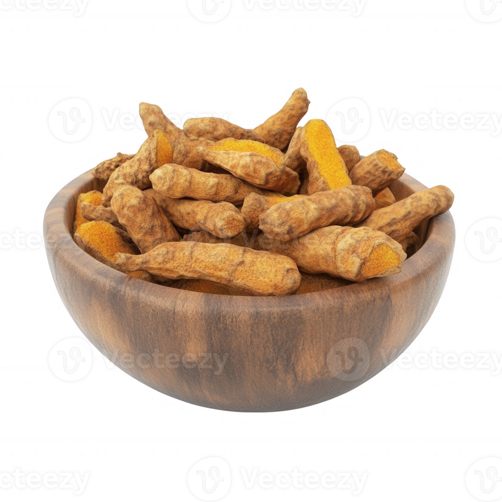 A wooden bowl filled with fresh, aromatic turmeric roots, perfect for culinary use. png