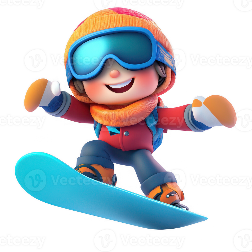 A cheerful child snowboarding with bright gear, showcasing winter fun and adventure. png
