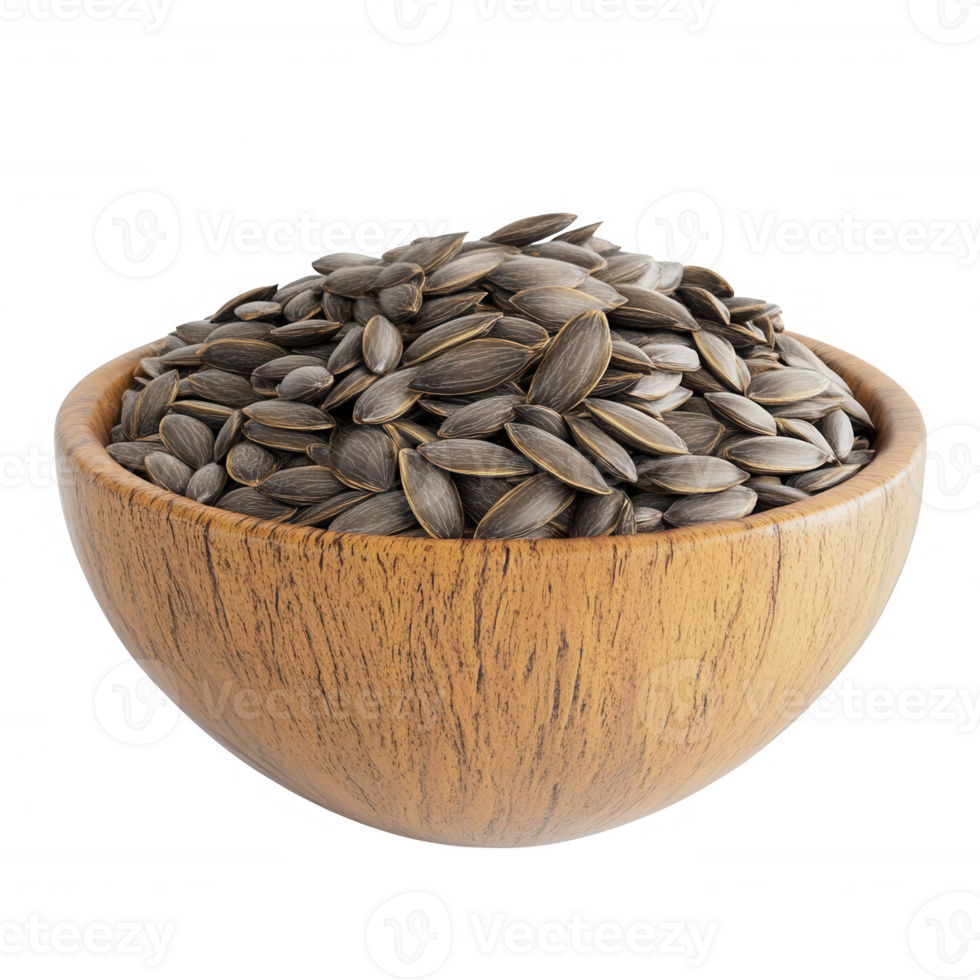 A wooden bowl filled with nutritious sunflower seeds, perfect for healthy snacking. png