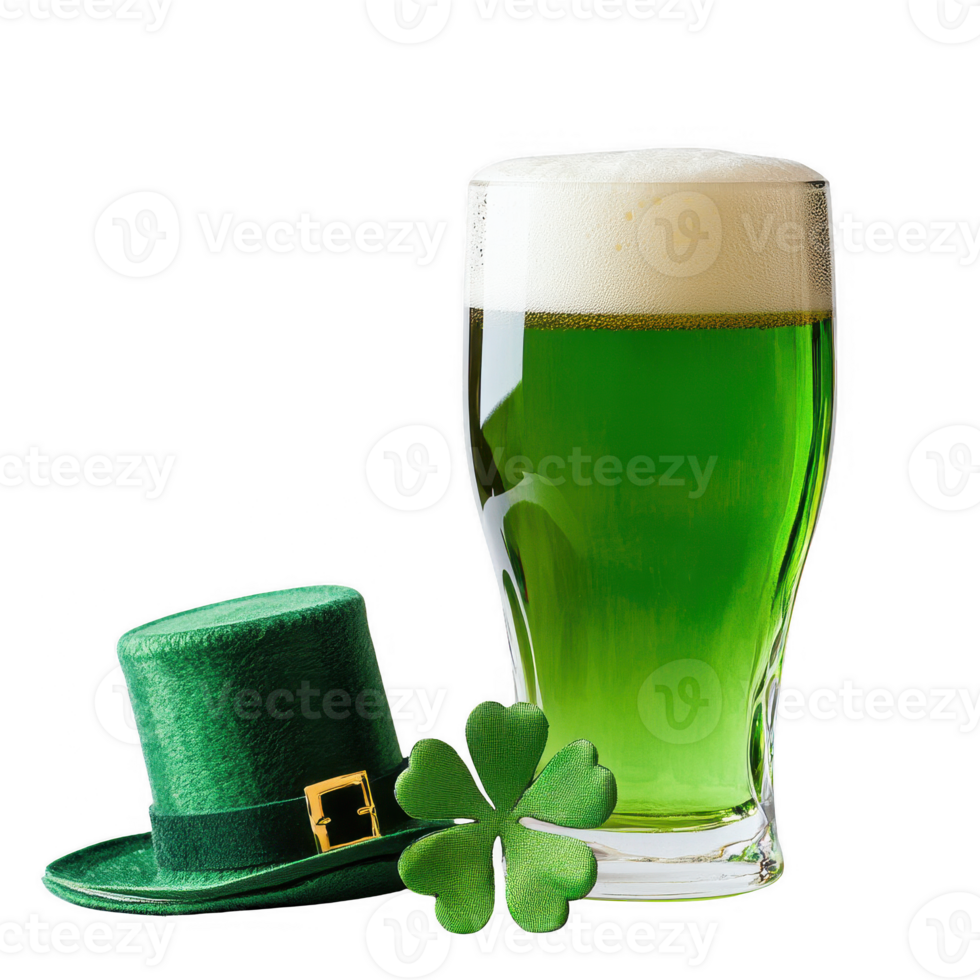 A festive green beer glass with a leprechaun hat and shamrock for St. Patrick's Day. png