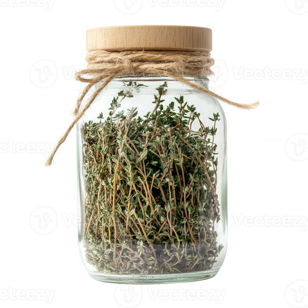 A glass jar filled with fresh thyme herbs, perfect for culinary uses and decoration. png
