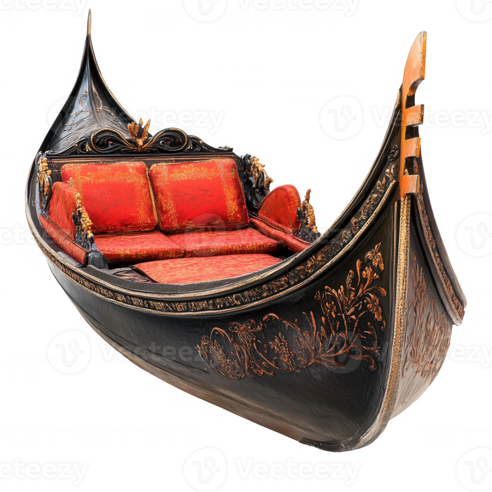 An ornate gondola featuring plush red cushions, showcasing Venetian craftsmanship. png