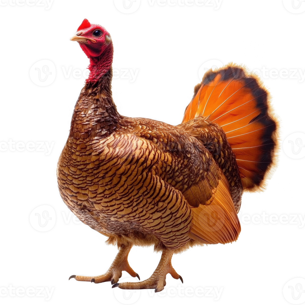 A vibrant, detailed image of a turkey showcasing its colorful feathers. png
