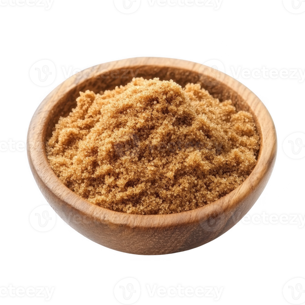A close-up of brown sugar in a wooden bowl on a white background. png