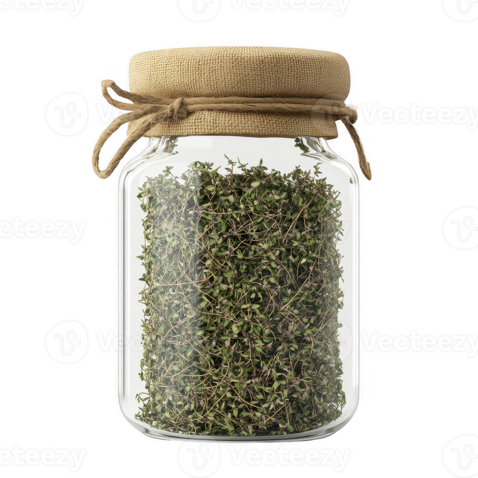 A glass jar filled with dried thyme, perfect for culinary uses and decoration. png