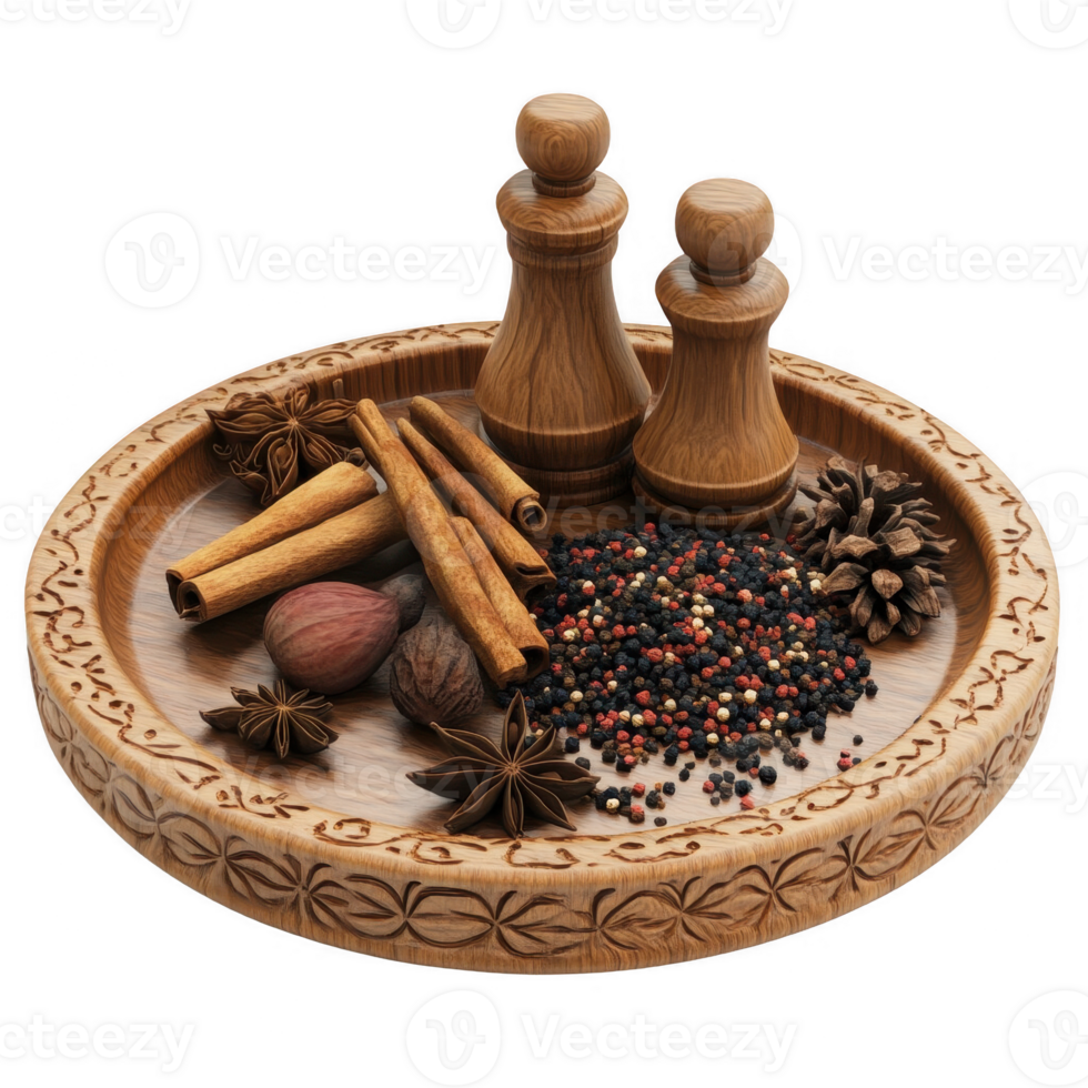 A wooden tray filled with various spices and seasoning tools for culinary delights. png