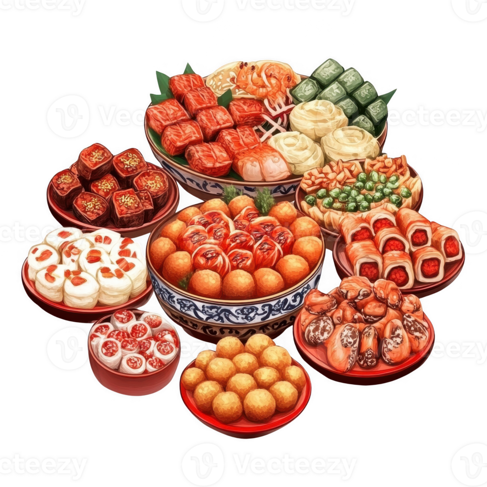 A colorful assortment of traditional Asian dishes arranged beautifully on plates. png