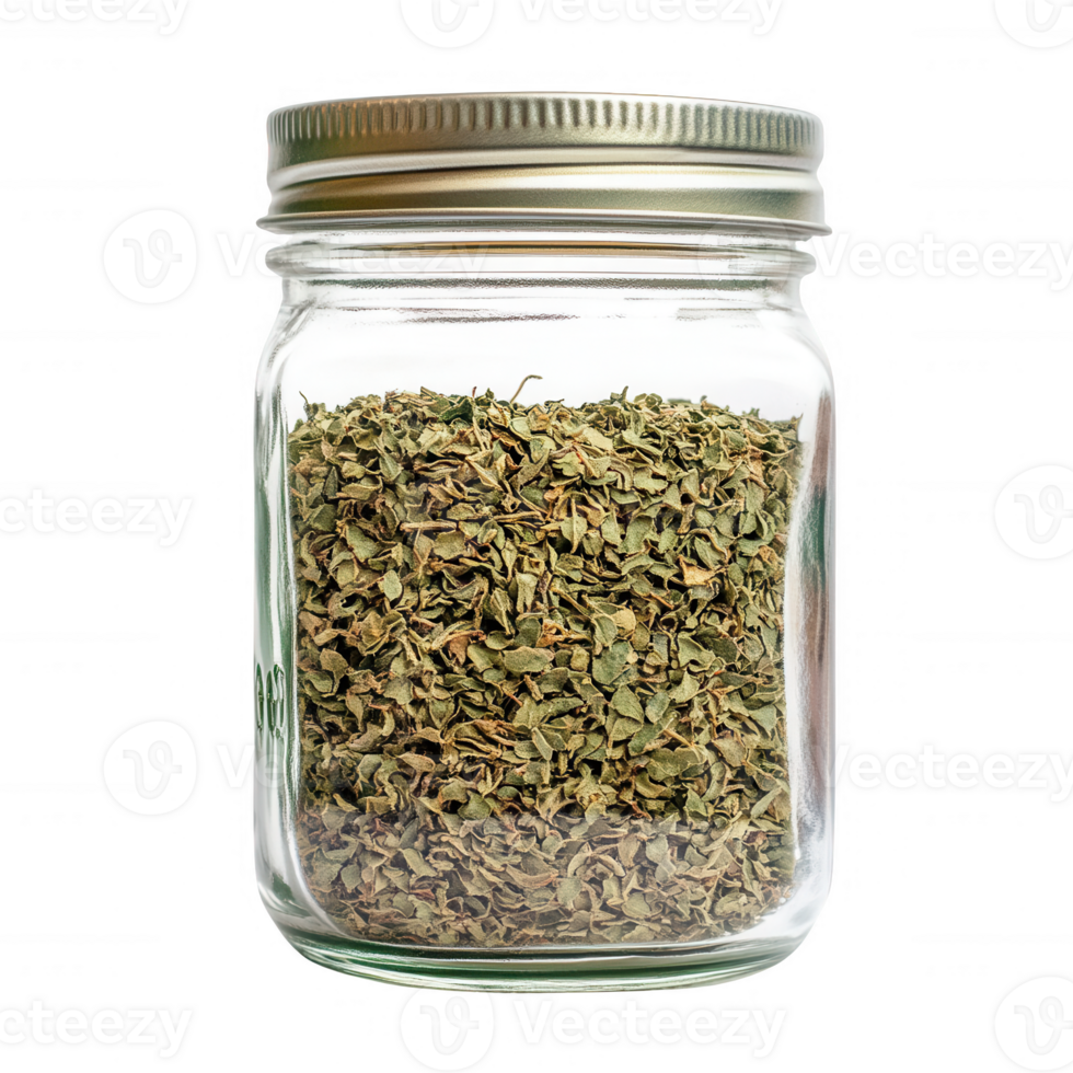 A jar filled with dried herbs, perfect for adding flavor to various dishes. png