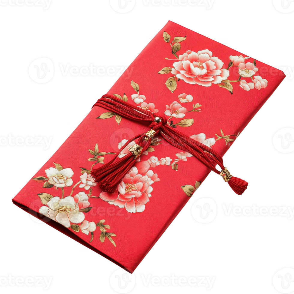 A beautifully designed red envelope adorned with floral patterns. png