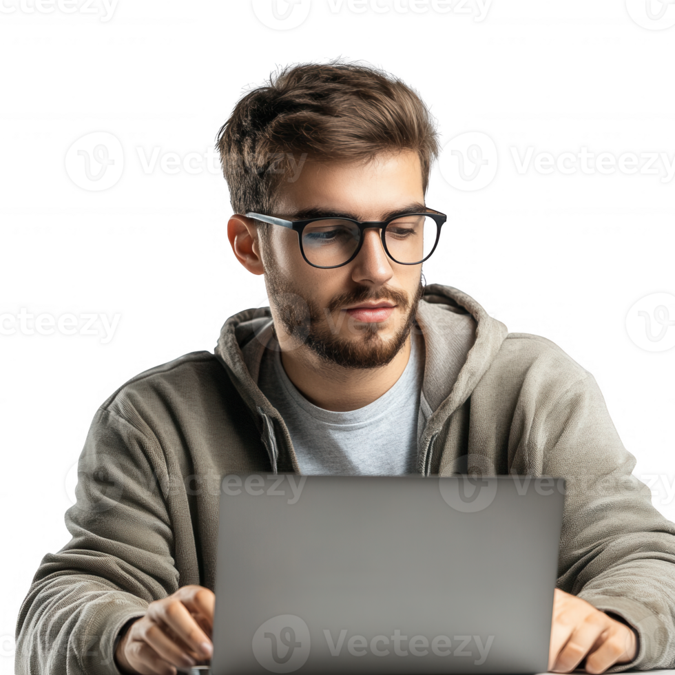 A young man focused on his laptop, representing modern work and digital communication. png