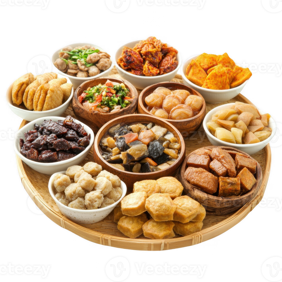 A vibrant assortment of delicious snacks served in bowls on a wooden platter. png