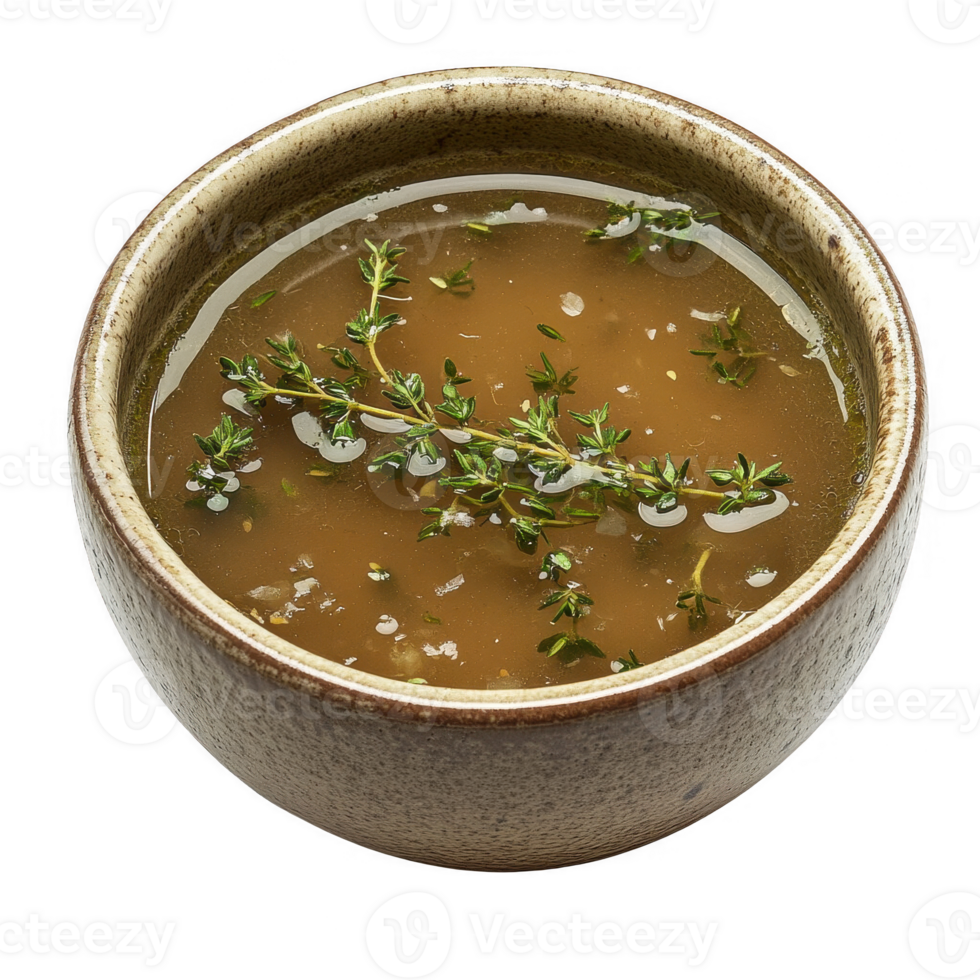 A rich broth with fresh thyme, perfect for soups and culinary recipes. png