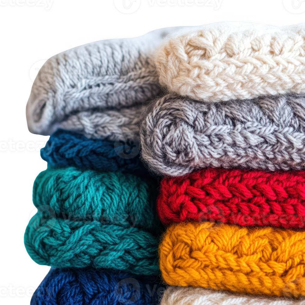 A vibrant stack of knitted yarn showcasing colorful textures and warmth. png