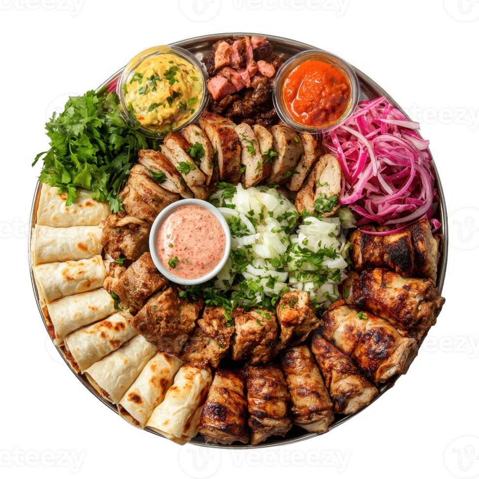 A vibrant platter of grilled meats, sides, and sauces, perfect for any feast. png