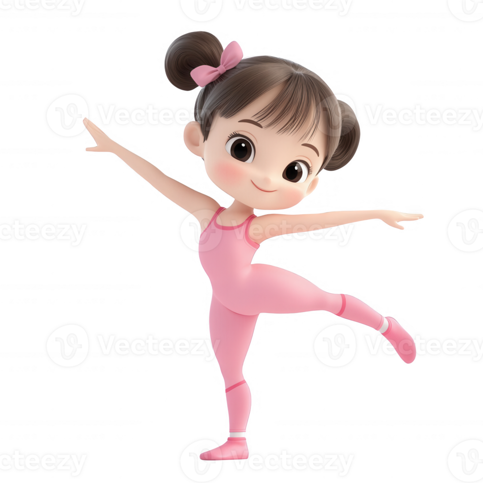 Cute animated girl performing a ballet dance in a pink outfit with a joyful expression. png