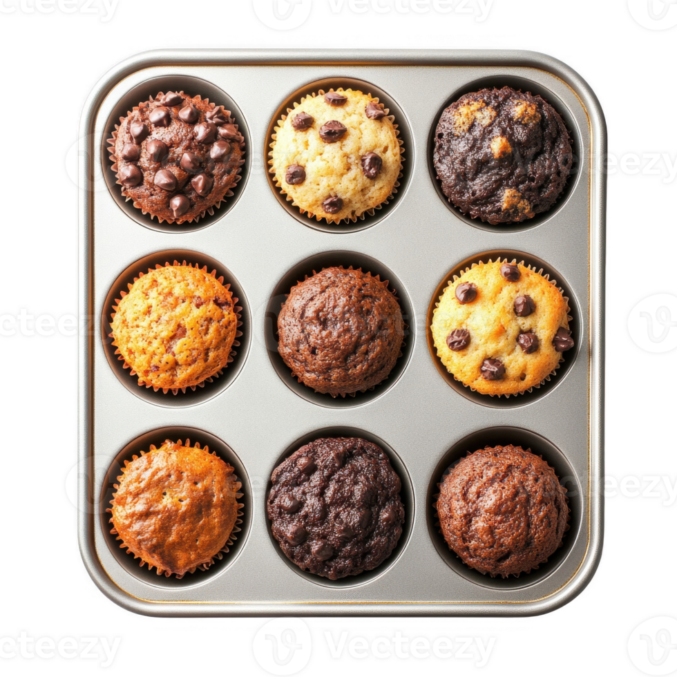 A fresh batch of assorted muffins in a baking tray, ready to be enjoyed. png