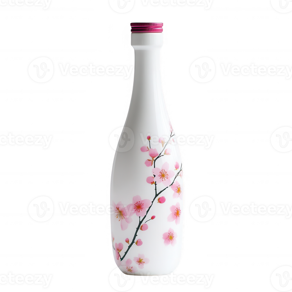 Elegant sake bottle adorned with delicate cherry blossom design, perfect for serving drinks. png