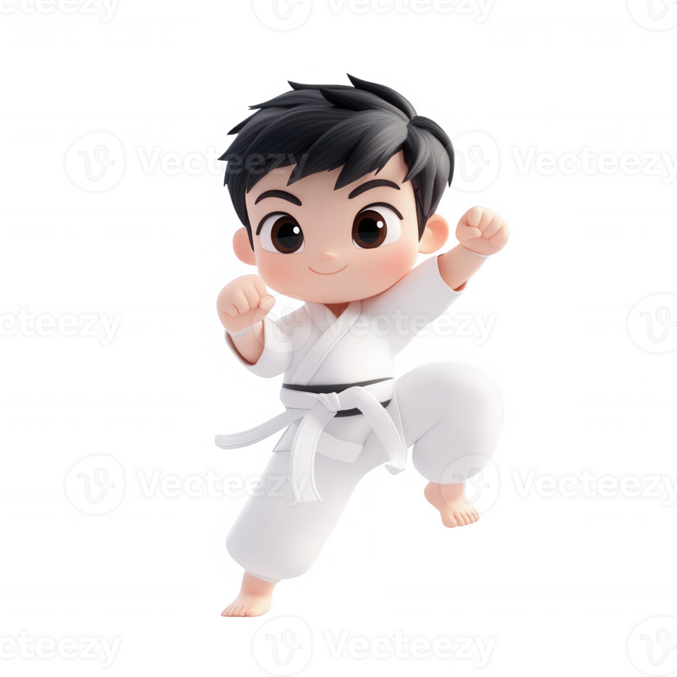 Cute cartoon character practicing karate in a dynamic pose, inspiring fitness and fun. png