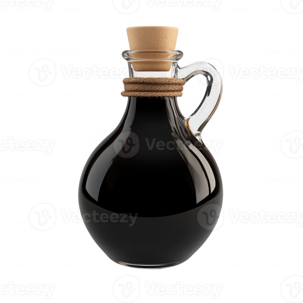 Elegant glass bottle filled with dark balsamic vinegar on a clean background. png