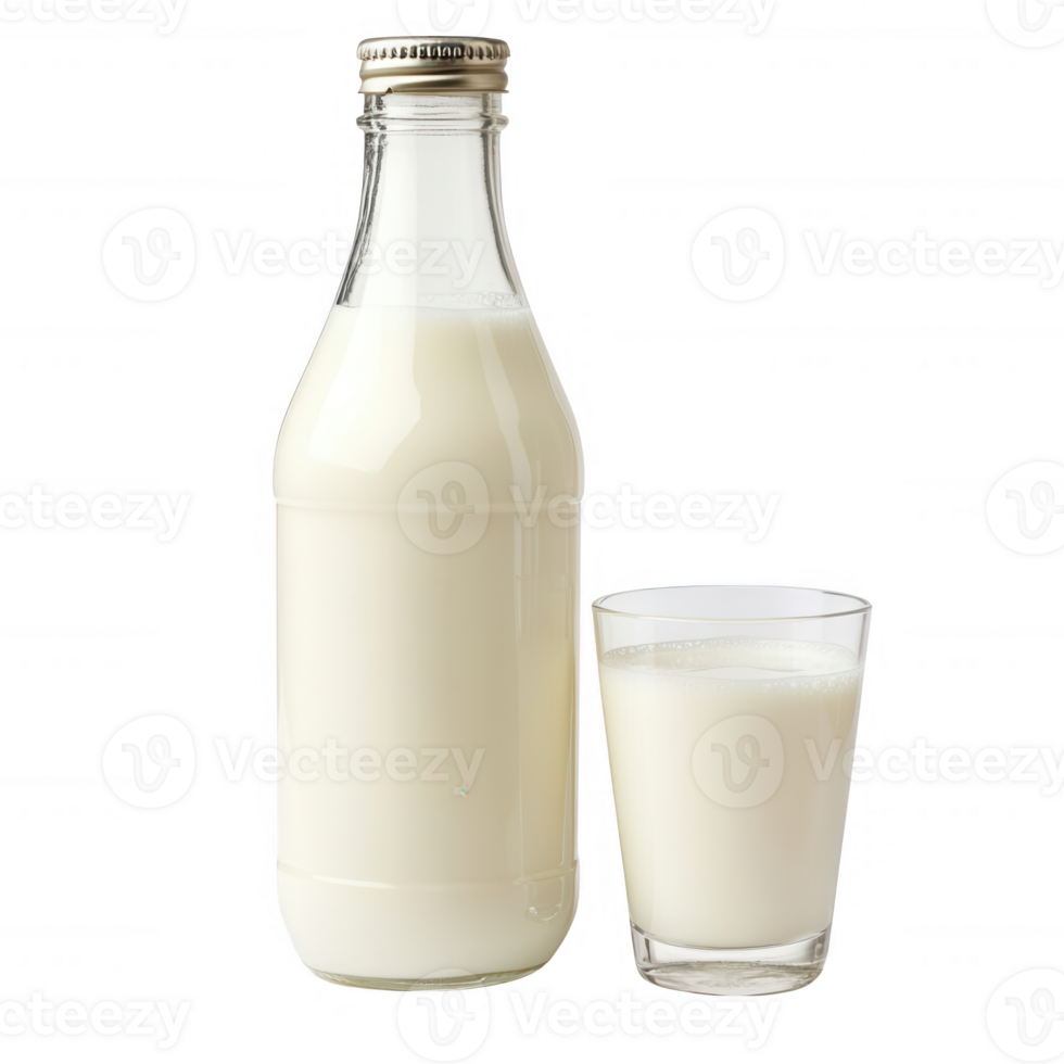 Fresh milk in a glass and bottle, perfect for health and nutrition themes. png