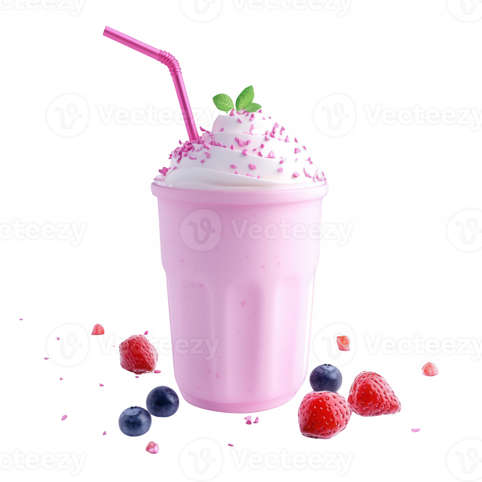 Delicious pink milkshake topped with whipped cream and berries on a bright background. png