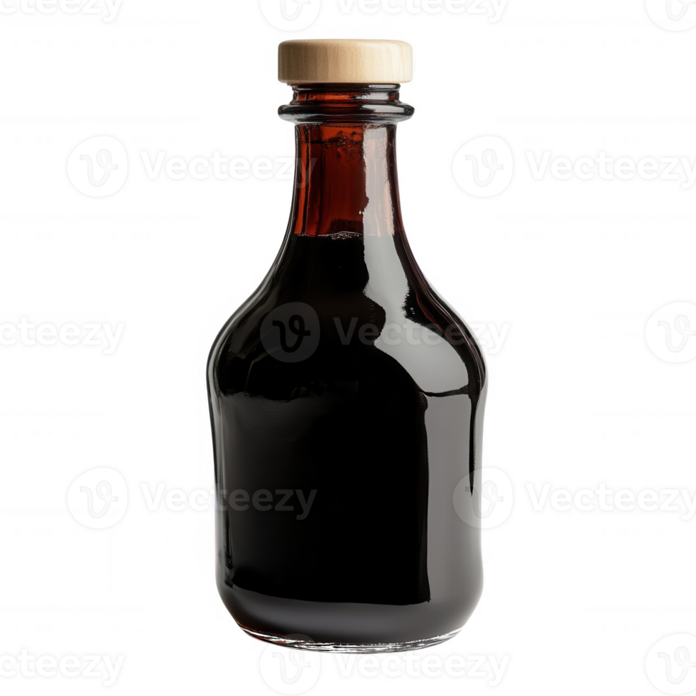 Elegant dark glass bottle filled with rich, aromatic liquid on a plain background. png