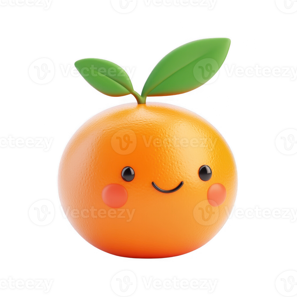 Cute and colorful smiling orange with green leaves, perfect for playful fruit themes. png