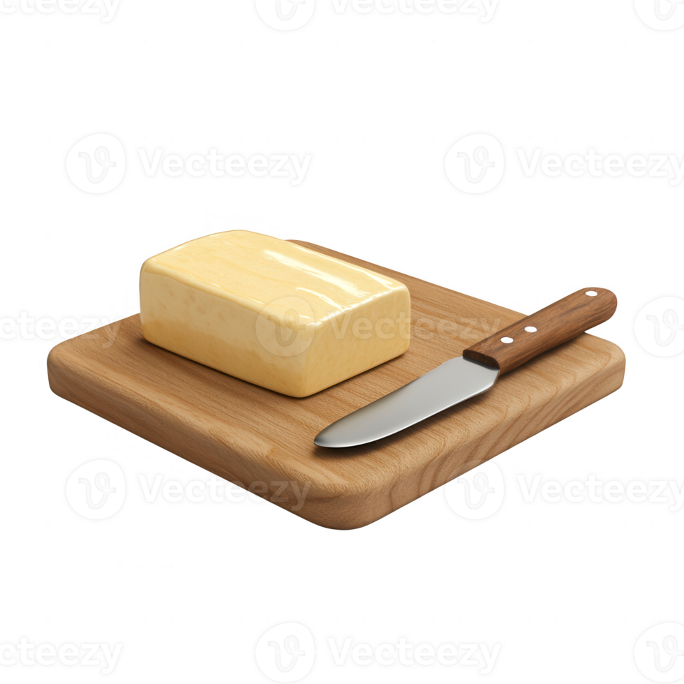Fresh butter on a wooden board with a knife, ideal for culinary presentations. png